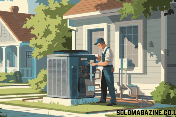 In a picturesque Texas neighborhood, a professional HVAC technician in uniform is seen maintaining a central HVAC unit outside a serene suburban home, surrounded by lush greenery and subtle hints of plumbing tools, bathed in warm sunlight that highlights the comfort and efficiency of Quality Cooling, Heating & Plumbing's comprehensive services, evoking a sense of community focus, reliability, and customer satisfaction through a tranquil palette of soft blues and greens.