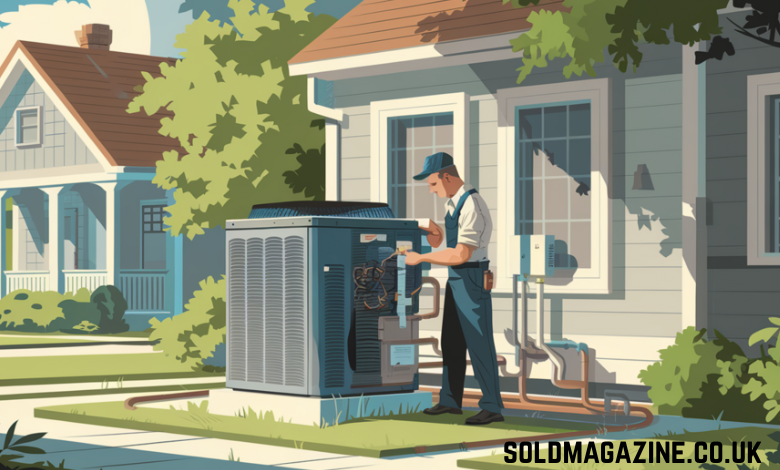 In a picturesque Texas neighborhood, a professional HVAC technician in uniform is seen maintaining a central HVAC unit outside a serene suburban home, surrounded by lush greenery and subtle hints of plumbing tools, bathed in warm sunlight that highlights the comfort and efficiency of Quality Cooling, Heating & Plumbing's comprehensive services, evoking a sense of community focus, reliability, and customer satisfaction through a tranquil palette of soft blues and greens.